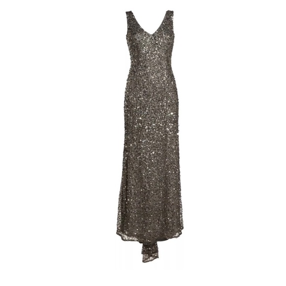 NWT Adrianna Papell V-Neck Sequin A-Line Gown in Lead [SZ‎ 12 ] - Picture 7 of 9